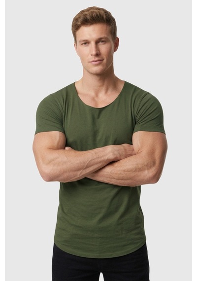 Deepsea Erkek Haki Geniş Yaka Likralı Tişört Oval Yaka Slim Fit Eteği Oval Açık Yaka T-shirt 1801199 Haki