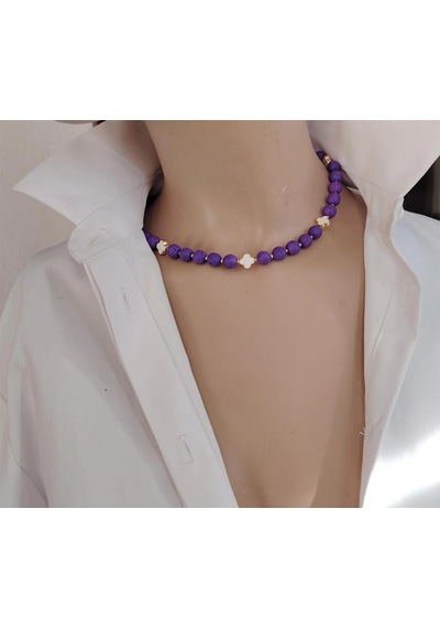 Luna Yonca Detaylı Lav Taşı Choker Doğal Taş Kolye Mor