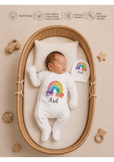 Pia Baby Kız Bebek Hastane Çıkışı 12 Parça %100 Pamuk İsme Özel Organik Baskılı Kese Hediyeli 101911k0x Ekru