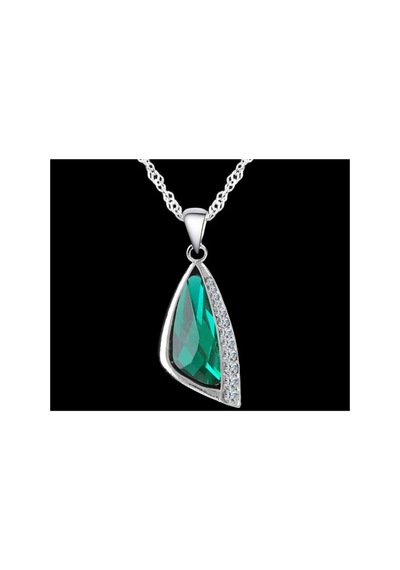 Tria - 925 Ayar Gümüş Kristal Taşlı Modern Üçgen Şeklinde Tasarım Kolye Küpe Seti Yeşil