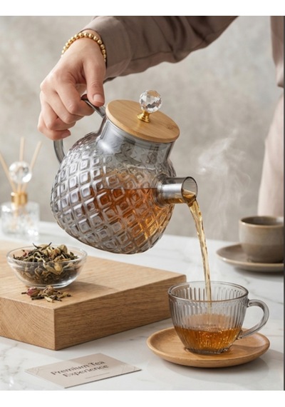 Isıya Dayanıklı Baklava Desen Cam Demlik Bambu & Metal Kapaklı Kulplu Süzgeçli 1000 Ml Füme Renk Gri