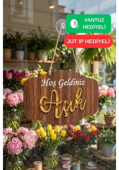 Gold Pleksi Detaylı 3d Ahşap Açık-kapalı Tabelası - Ceviz