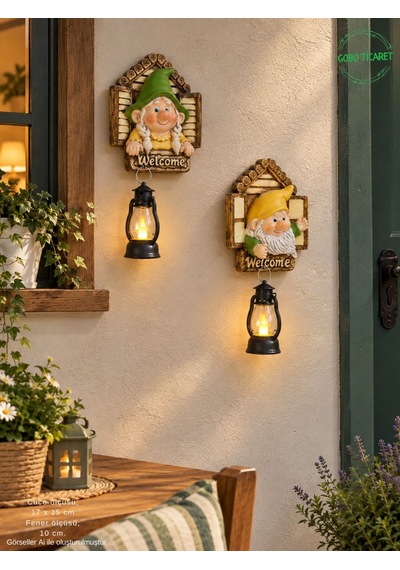Dekoratif Fenerli Welcome Cüce Çifti 2li Set Dekoratif Kapı Ve Duvar Süsü Renk Seçenekli 17x15 Cm. Kırmızı Sarı