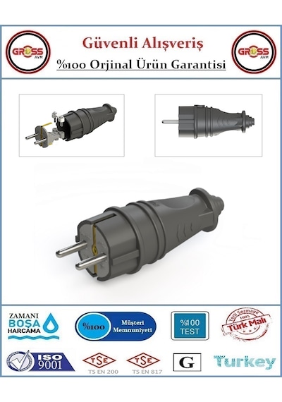 Kauçuk Monofaze 1x16 Amper - 220 Volt Topraklı Erkek Fiş