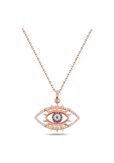 Brezza Lusso Jewelry Gümüş Rose Renk Nazar Gözlü Kirpikli Kadın Gümüş Kolye 42 CM