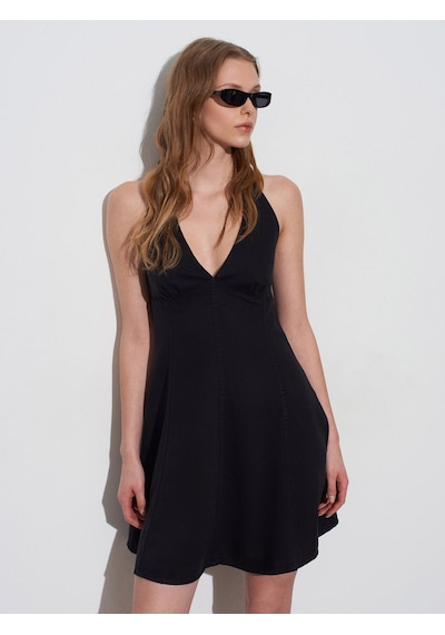 Dilvin 90568 Halter Yaka Denim Mini Elbise-siyah