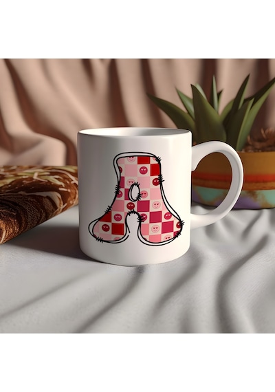 A Harfi Pembe Kareli Kalpli Göz Emojili Kupa Bardak Eğlenceli Kareli Tasarım Kahve Çay Kupası Beyaz
