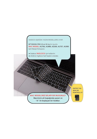 Avrupa İngilizce Klavye Koruyucu Macbook Pro 13 15 Touch Bar Uyumlu A1706 A1989 A2159 A1707 A1990 Uk Iso Ters L Enter Silikon Keyboard Cover Siyah 06737198