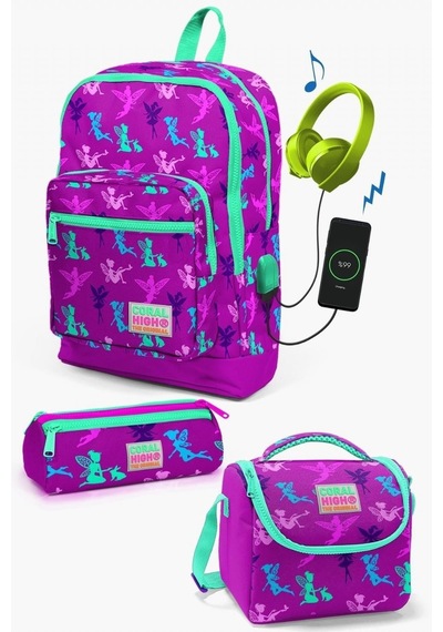 Coral High Kids Koyu Pembe Su Yeşili Peri Desenli Usb'li 3'lü Okul Çanta Seti - Kız Çocuk Çok Renkli