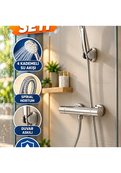 4 Kademeli Krem El Duşu Seti Spiral Hortum Ve Duvar Askılı Çok Renkli 99264946