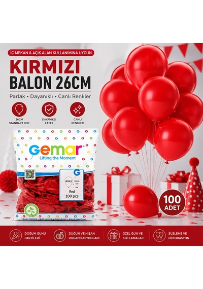 Gemar Gm-90-45 Balon 26cm 10'' 100 Adet Kırmızı İç Mekan Standart