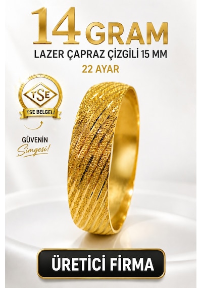 22 Ayar Tse Belgeli 14 Gram Lazer Çapraz Çizgili 15 Mm Ajda Altın Bilezik İşçiliksiz