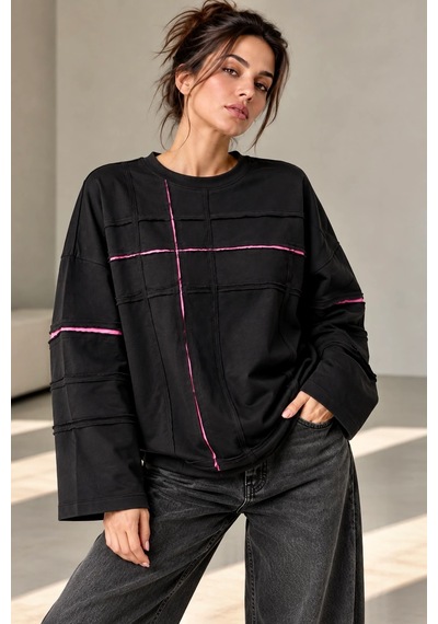 Bb Butik Basic Kontrast Dikiş Detaylı Oversize Uzun Kollu Sweatshirt Fk3535 siyah