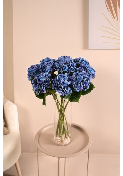 Saks Mavi Yapay Ortanca Çiçeği Tek Dal Premium Canlı Islak Dokulu 68 Cm