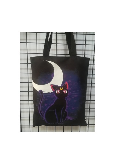 Owl Bag Sailor Moon- Kara Kedi Desenli Tasarım Kumaş Omuz Çantası Siyah