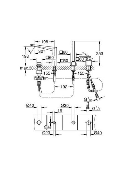 Grohe Allure Brilliant 29523AL0 4 Delikli Küvet Bataryası Nikel