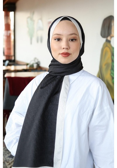 Premium Lux Original Monogram Şal İpek Vual, Yüksek Kalite, Hafif, Rahat, Şık, Tesettür, Shawl Siyah - Beyaz