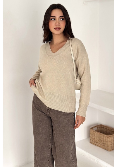 Noa & Noa Kadın V Yaka Triko Kazak Cozy Neutral Bej