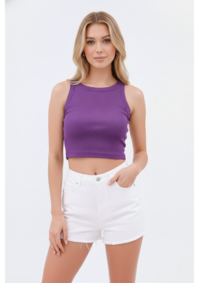 Zedefx Kadın Halter Yaka Pencere Detaylı Crop Bluz Mor