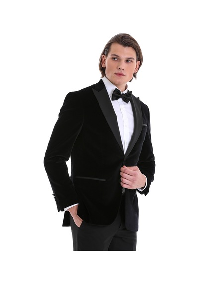 Hatemoğlu Siyah Slim Fit Düz Sivri Yaka Kadife Klasik Damatlık Siyah