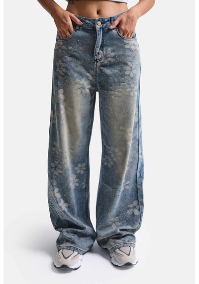 Kadın Mavi Baggy Fit T12t Özel Desenli Kumaş Parlak Taşlı Tasarım Denim Jean