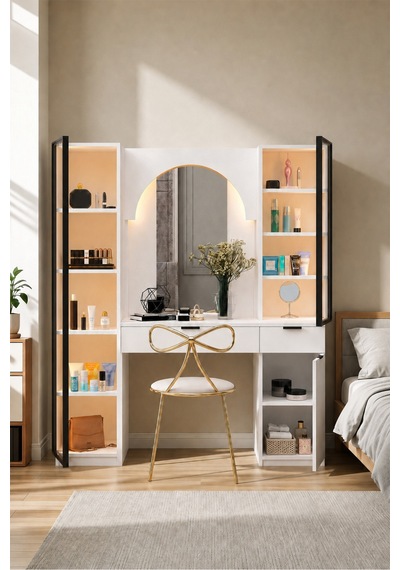 Meloni Işıklı Aynalı Makyaj Masası Organizer Çekmeceli Şifonyer+ Tek Cam Kapaklı Işıklı Dolap Beyaz Meloni Işıklı Aynalı Makyaj Masası Organizer Çekmeceli Şifonyer+ Tek Cam Kapaklı Işıklı Dolap Beyaz