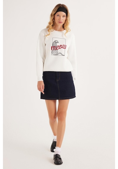 Tudors Kadın Regular Fit Klasik Kesim %100 Pamuk Baskılı Bisiklet Yaka Beyaz Sweatshirt-36931 Beyaz