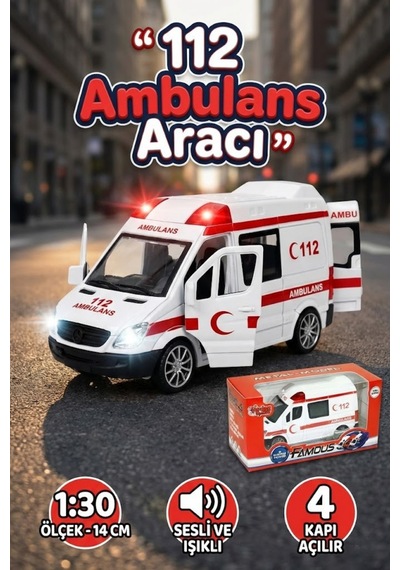 1:30 Metal Çek Bırak Ambulans Sesli Işıklı 4 Kapısı Açılan Oyuncak Model Araba 14cm Çok Renkli