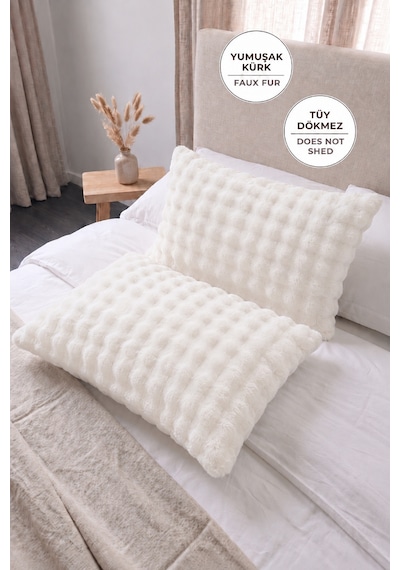 Bubble Kürklü Peluş 2'li Yastık Kılıfı 50x70 Cm Tavşan Tüyü Yumuşak Supersoft Dekoratif Krem