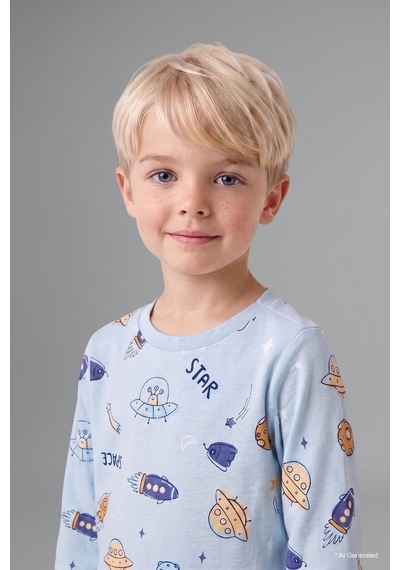 Defacto Baskılı Uzun Kollu Üst Elastik Bel Alt 2li Pijama Takımı Erkek Bebek H6540a526aube343 Mavi-be343