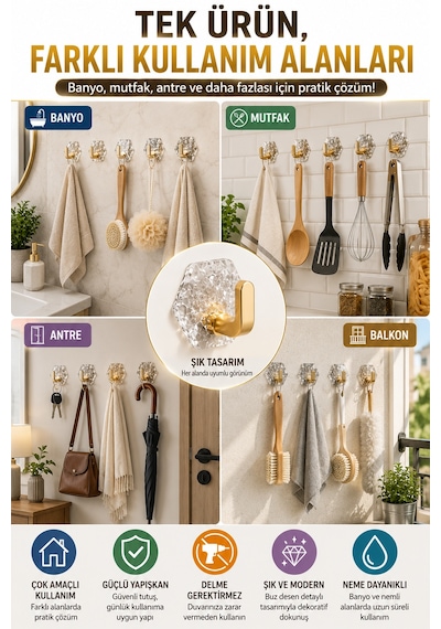 Gold Kendinden Yapışkanlı 5'li Duvar Askısı Banyo Mutfak Havlu Askılığı Buz Desen Dekoratif Seti Altın