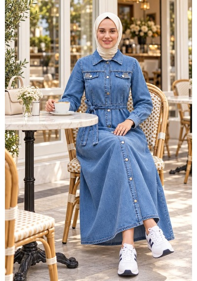 Hb Harma Time Butik Kadın Düğmeli Boncuk İşlemeli Kuşaklı Kot Mavi Elbise