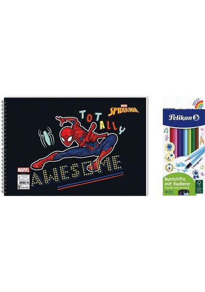 Spider-man 17x25 Spiralli Resim Defteri - Pelikan 12li Kuru Boya 2'li Set 2 Çok Renkli