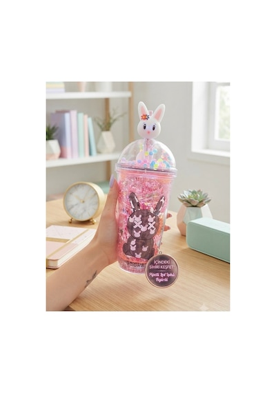 Çift Katlı İçecek Bardağı Led Işıklı Pipetli Kawaii Chibi Sevimli Tavşan Figürlü Suluk 450ml Kırmızı