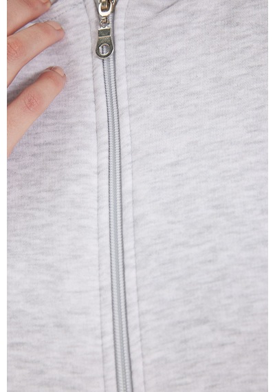 Tudors Kadın Oversize Geniş Kesim %100 Pamuk Kapüşonlu Fermuarlı Cepli Gri Sweatshirt-52773