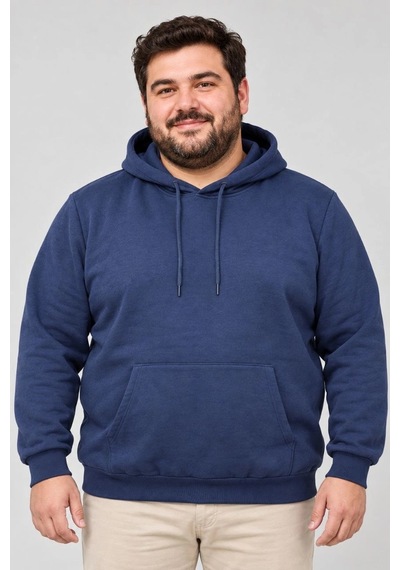 Ertaştrendstore Erkek Battal Büyük Beden Üç İplik İçi Şardonlu Kapüşonlu Kanguru Cepli Kışlık Sweatshirt - Lacivert Çok Renk