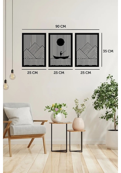 3'lü Balıkçı Ve Dağ Temalı Ahşap Duvar Tablosu - Mdf, 25x35 Cm Toplam 35x90 Cm