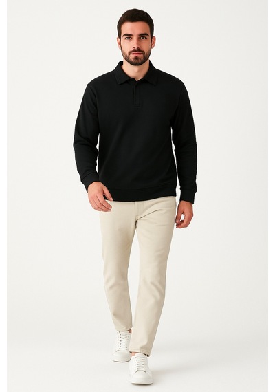 We&me Erkek Polo Yaka Modal Kumaş Yumuşak Dokulu Sweatshirt Siyah
