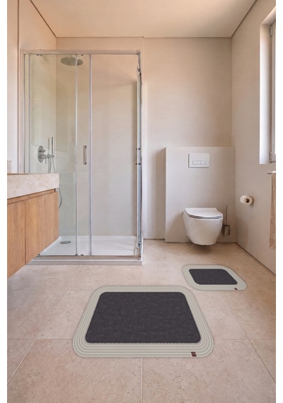 Banyo Paspası Takımı 70x110+50x70 Cm Düz Antrasit Gri & Krem Antrasit Gri - Krem