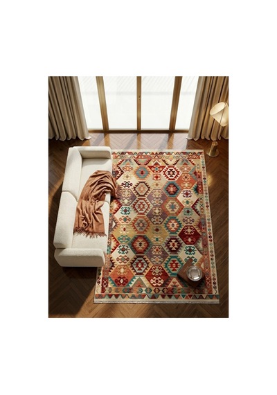 Dekoratif Halı Kaymaz Taban Leke Tutmaz Yıkanabilir Kilim Özel Ölçü Salon Halısı 3056 Çok Renkli