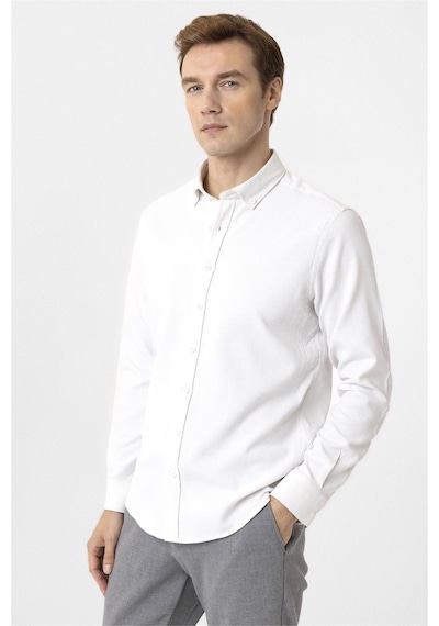Süvari Ekru Slim Fit Desenli Düğmeli Yaka Gömlek
