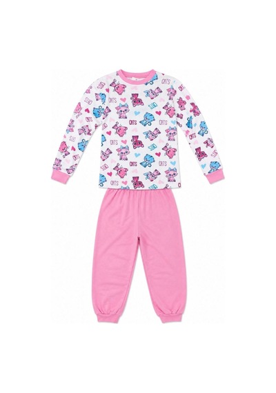 Kız Çocuk Premium Penye Kedi Desenli Uzun Kollu Pijama Takımı 2-11 Yaş - Pembe
