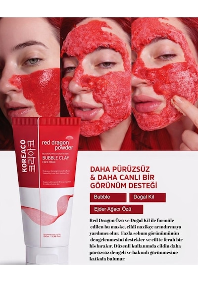 Koreaco Red Dragon Bubble Clay Yüz Maskesi / Tazelenme Parlaklık Nemli Ve İpeksi Köpüren Yüz Maskesi 100 Ml / Cild
