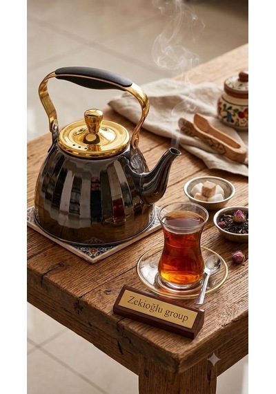 Siyah 3 Litre Çaydanlık Siyah Paslanmaz Çelik Çaydanlık Aynalı Gövde Ergonomik Sap 5 Katmanlı Kapsül Taban İthal Demlik İthal Çaydanlık