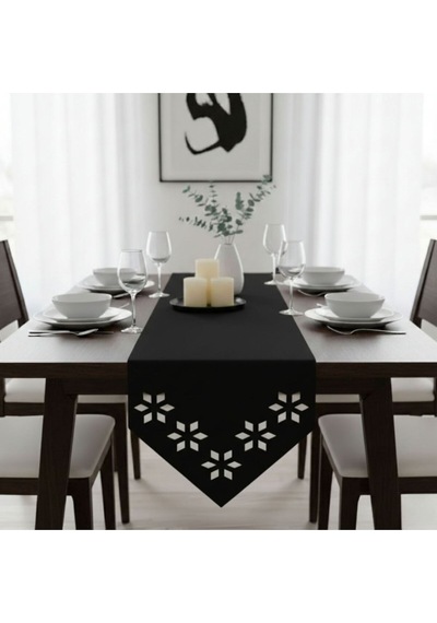 1 Adet Deri Runner-40x140 Cm-çiçek Desenli Runner Siyah