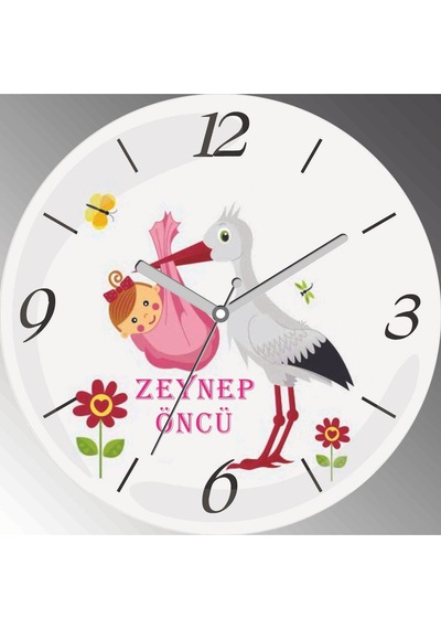 Bebek Getiren Leylek Çap 30cm Sessiz Akar Bombeli Gerçek Cam Duvar Saati Siyah