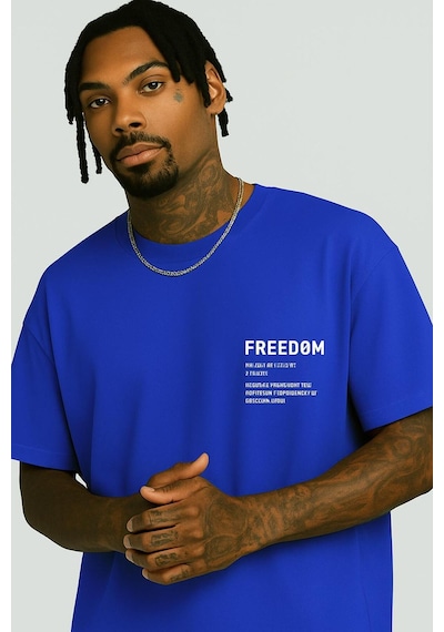 Freedom Baskılı Unisex T-shirt Saks Mavisi