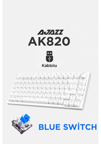 Ak820 Kablolu Mekanik Oyun Klavyesi , Mavi Işıklı, Beyaz, 82 Tuş, Hot Swap, Anti Ghosting