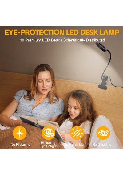 Adaptörlü Işık Üzerinde Masa Lambası Klipsi, Usb Şarj Bağlantı Noktalı 48 Led Okuma Lambası, 3 Renk Modu 10 P