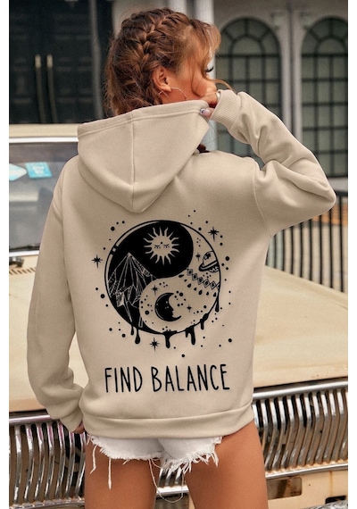 Uyguntarz Unisex Yin & Yang Tasarım Sweatshirt Bej